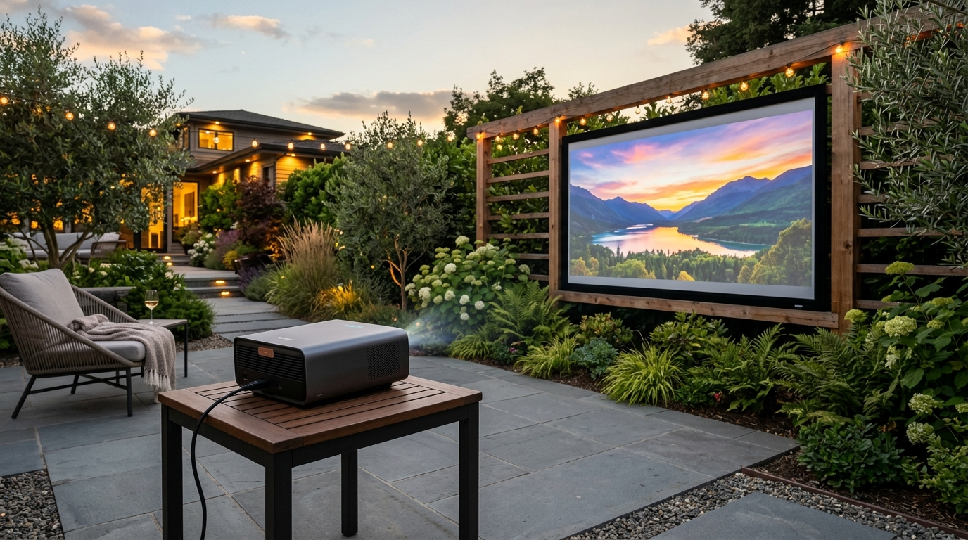 A modern 4K outdoor projector on a side table beside a large weatherproof projection screen in a backyard