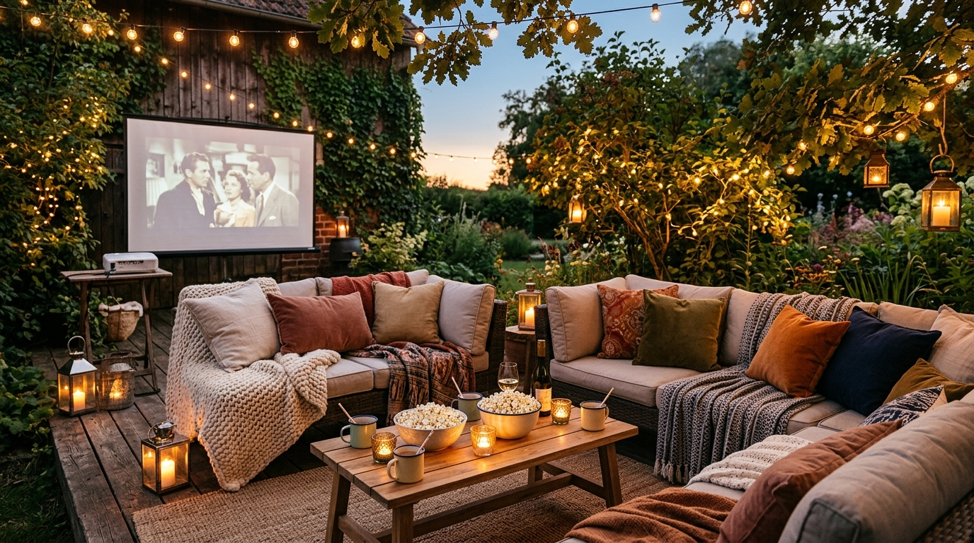 A cozy outdoor theater seating area with cushioned sofas, blankets, string lights and a low table with popcorn