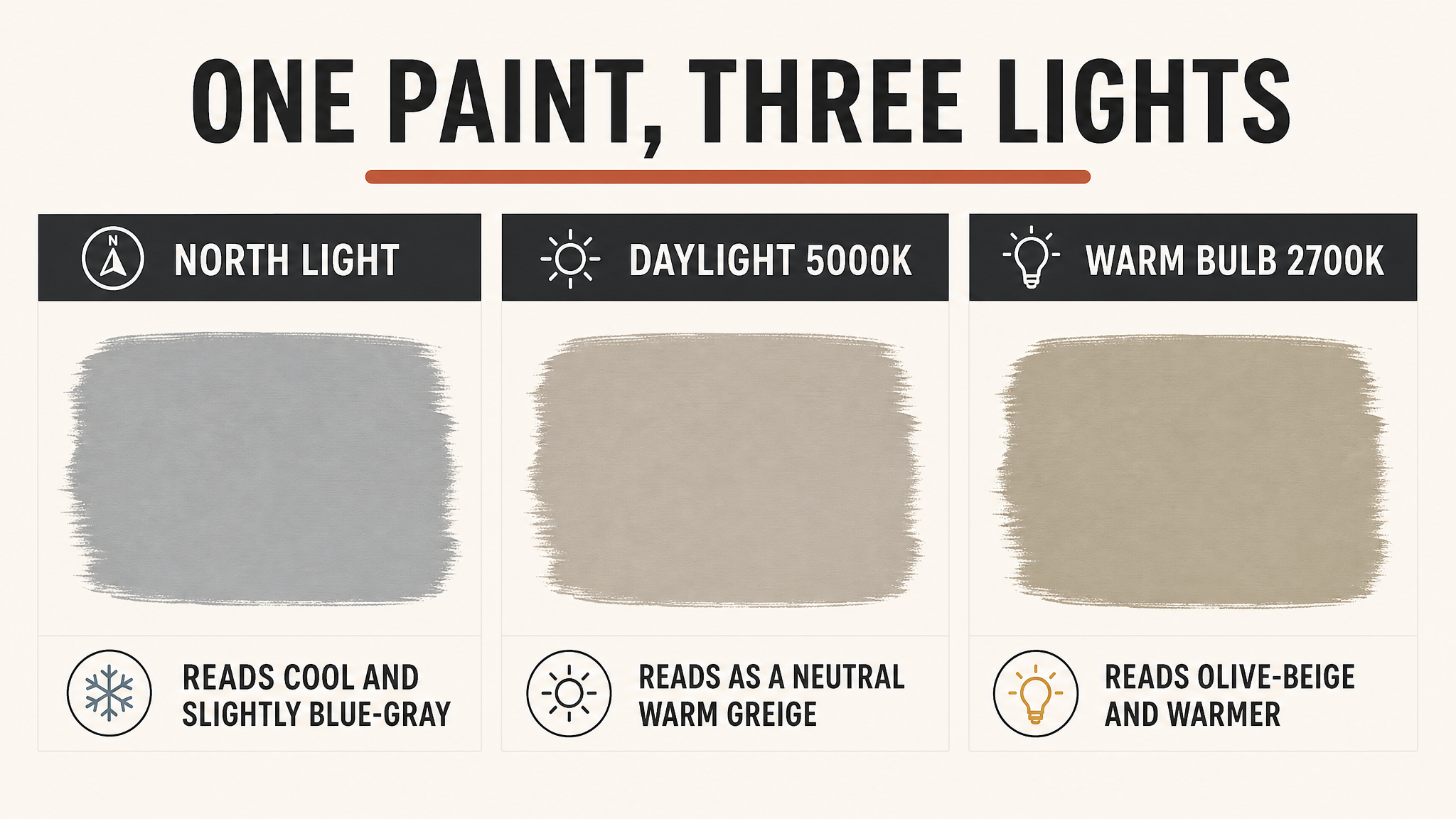 Diagram titled One Paint Three Lights showing one swatch reading cool blue-gray under north light, neutral warm greige under 5000K daylight, and olive-beige under a 2700K warm bulb