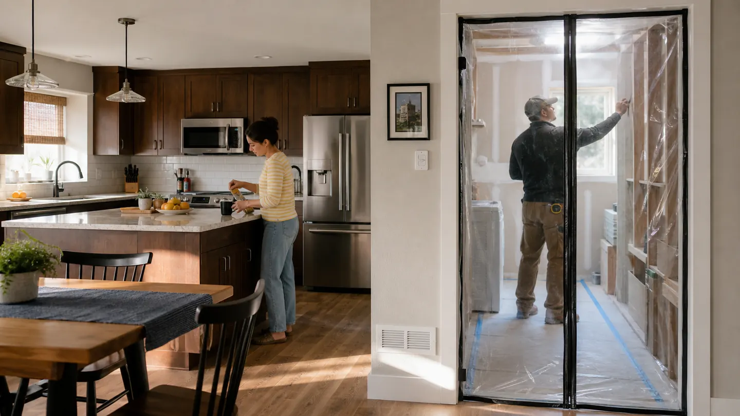 Finished kitchen beside a protected later-phase renovation work zone