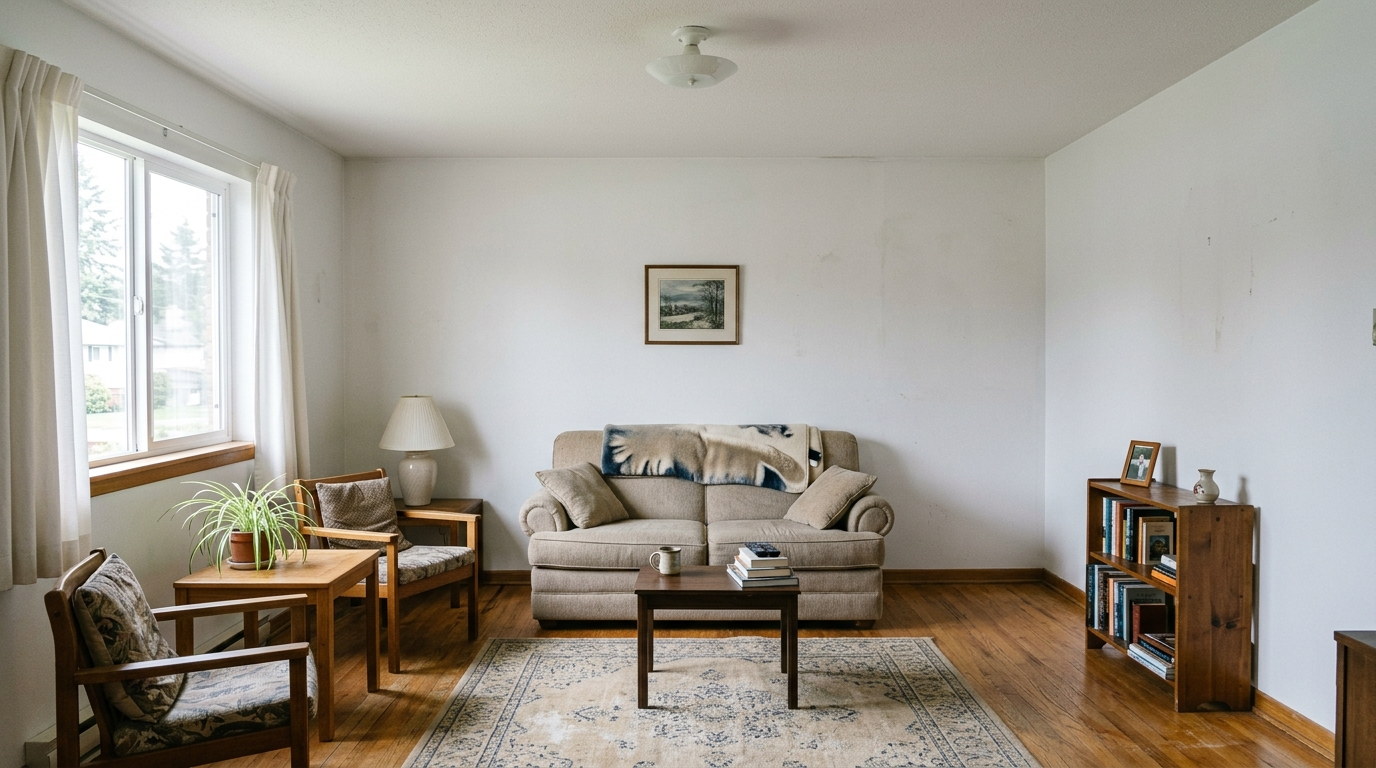 A plain living room with a flat white ceiling and white walls, clean but dated