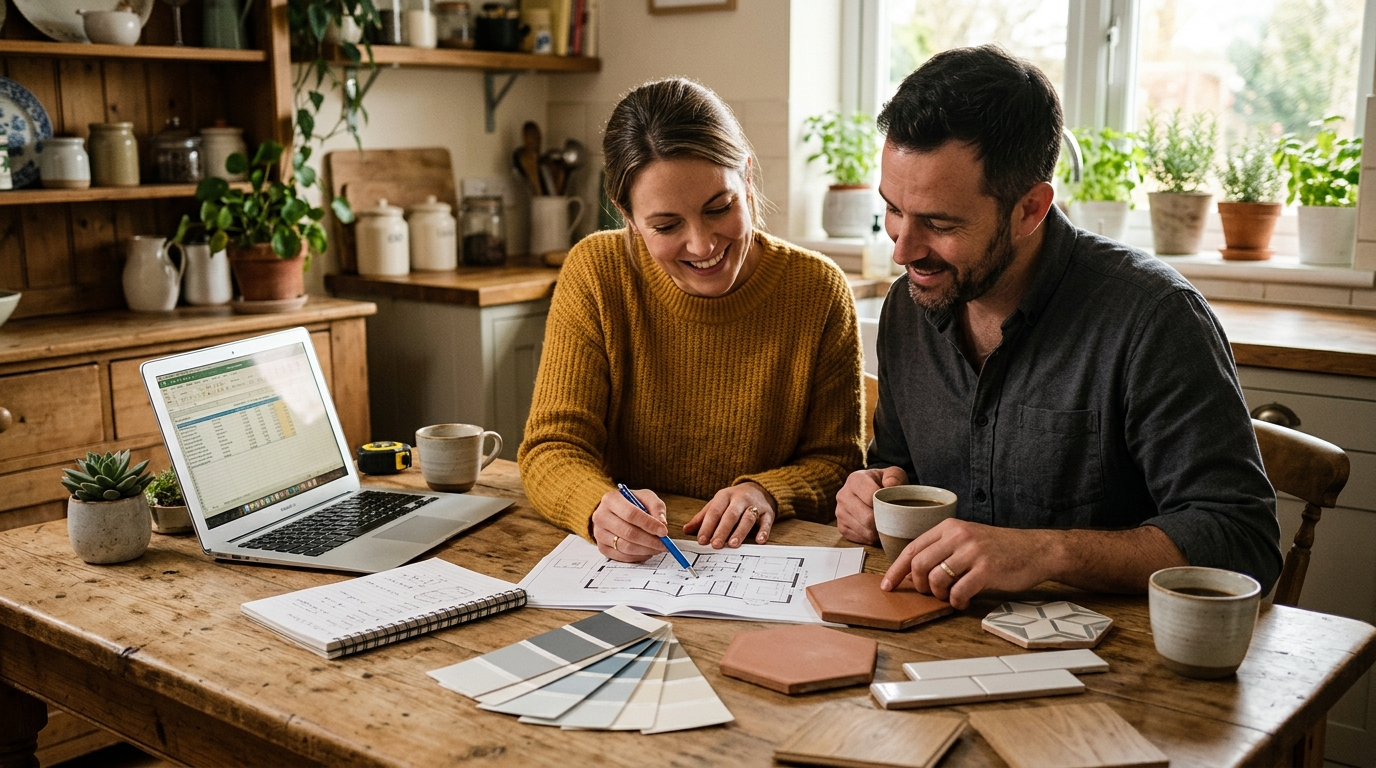 A couple planning a home renovation at a table with a laptop, paint swatches, tile samples and a floor plan