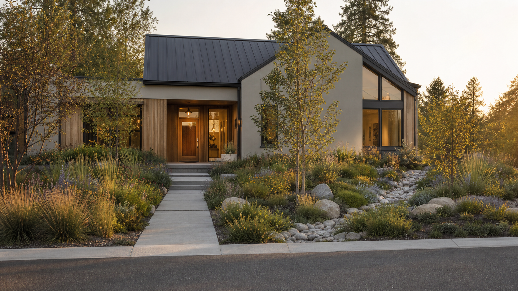 Illustrative contemporary home exterior with a raised entry, planted rain garden and stone-lined drainage swale.