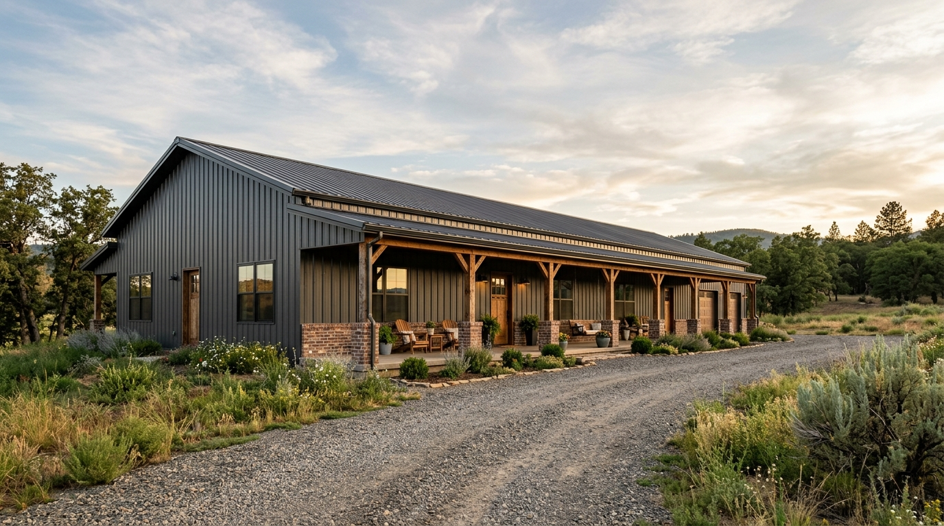 Charcoal single-story ranch-style barndominium with a low-pitched gable roof and covered front porch