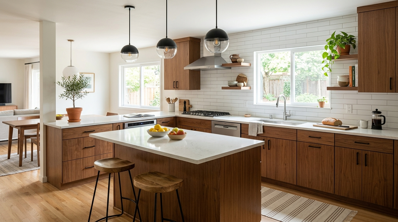 A freshly remodeled mid-range kitchen with warm wood cabinets, a quartz island and subway tile