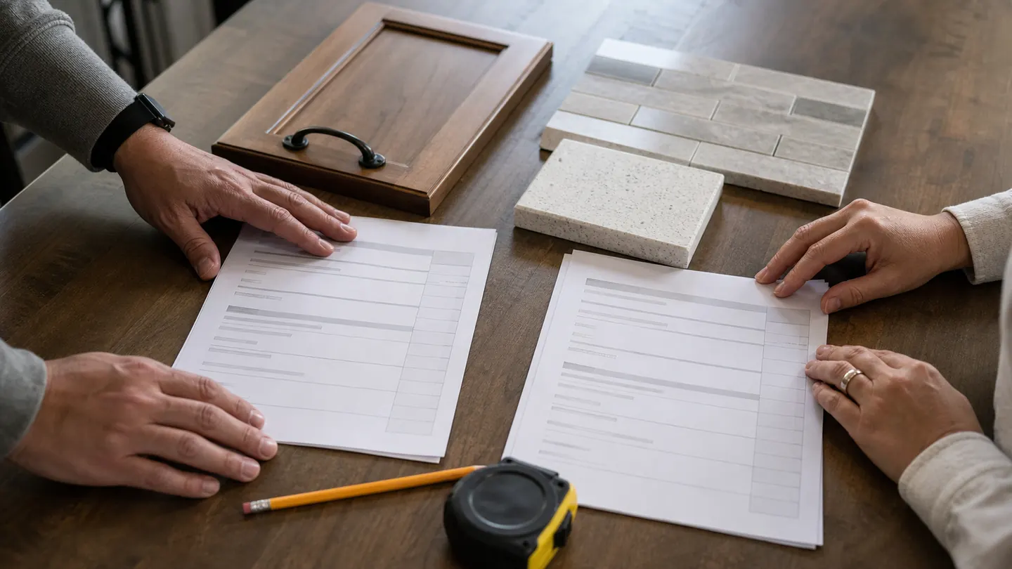 Two remodeling estimates compared beside cabinet, tile and countertop samples