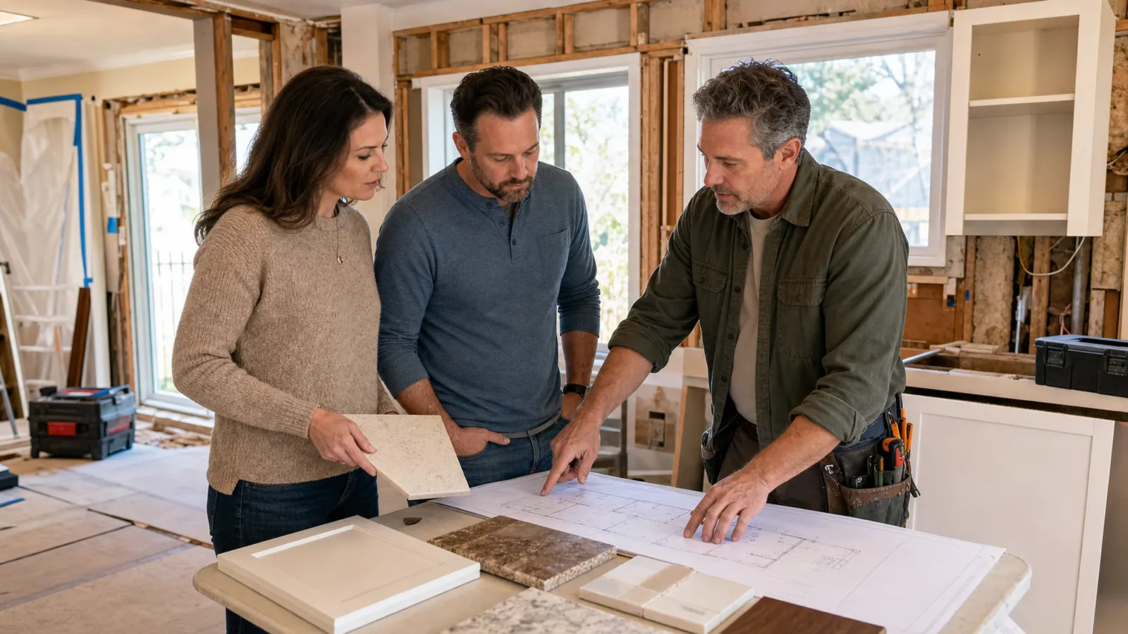Homeowners and a remodeling contractor review a floor plan and material samples in a kitchen under renovation
