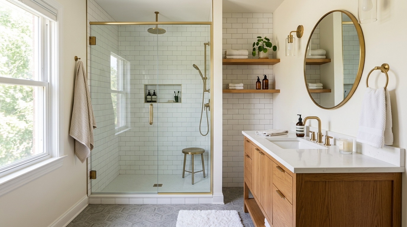 A freshly updated mid-range bathroom with a walk-in glass shower, warm wood vanity, subway tile and brass fixtures