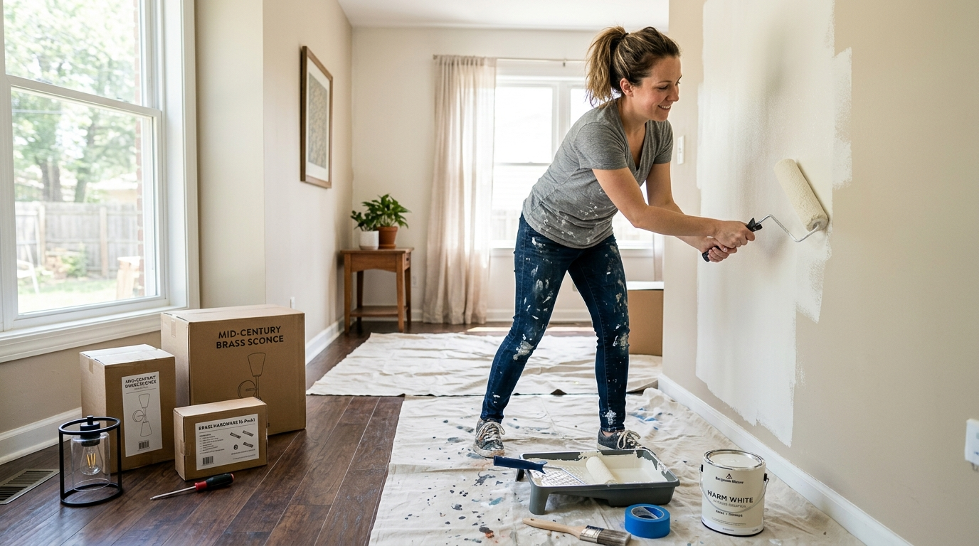 A homeowner rolling fresh warm-white paint onto a wall during a budget room refresh, with new hardware nearby