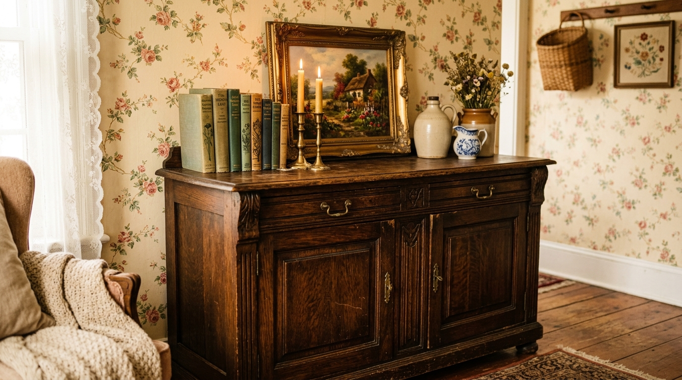 Restored vintage cabinet styled with brass, ceramics and framed art against a patterned wall in a grandmacore room