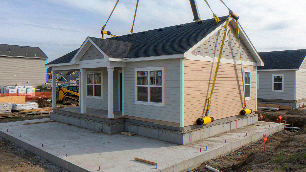 Modern factory-built single-family home being set on a foundation at a residential site