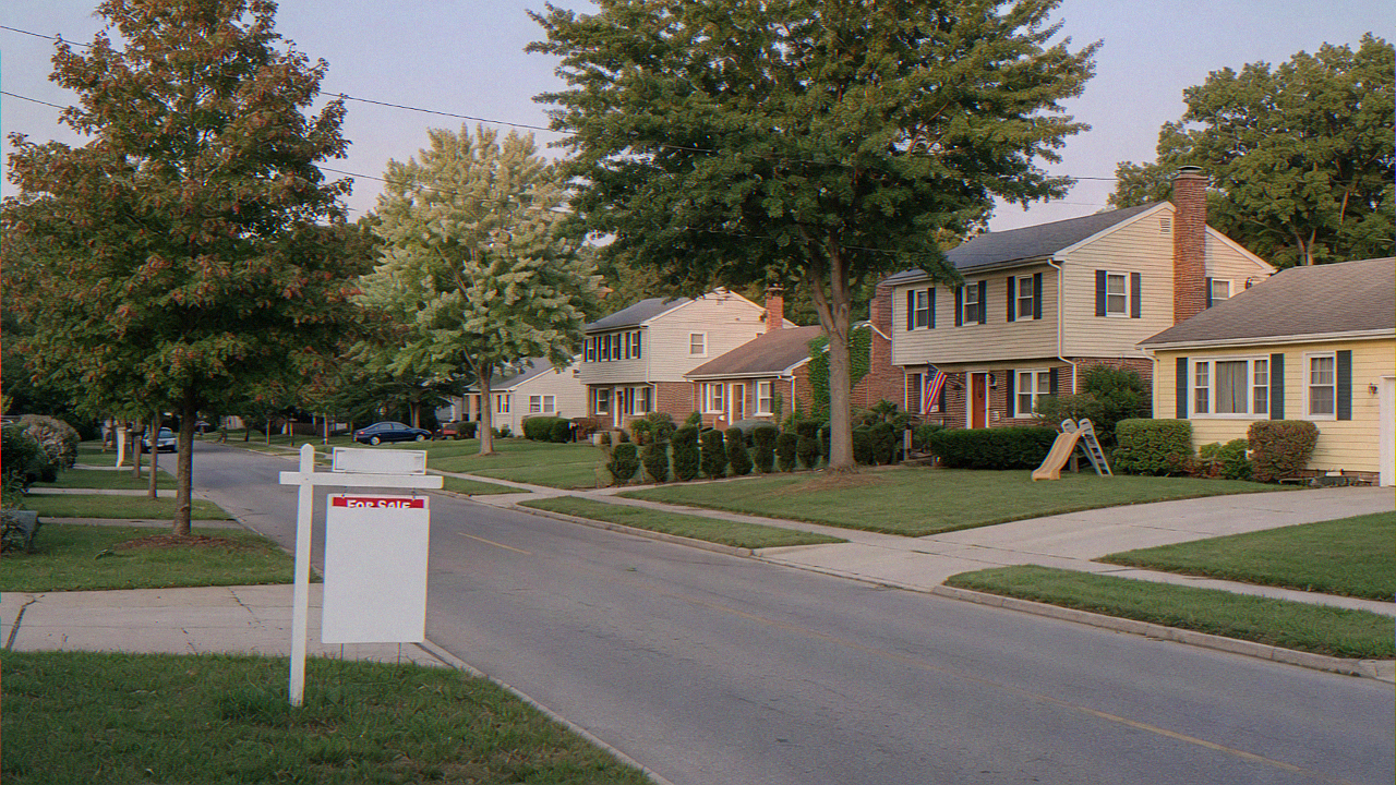 American suburban homes along a tree-lined street with a for-sale sign in the foreground