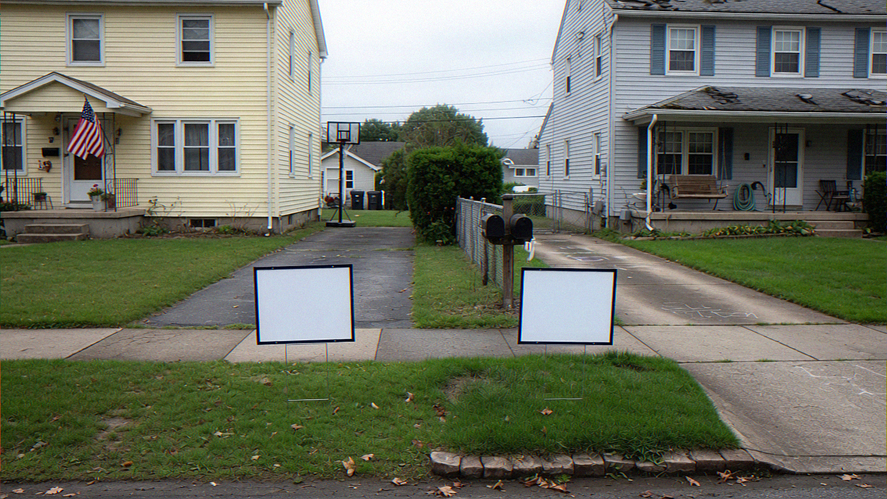 Two different for-sale signs on neighboring suburban homes, suggesting competition between household buyers and investors