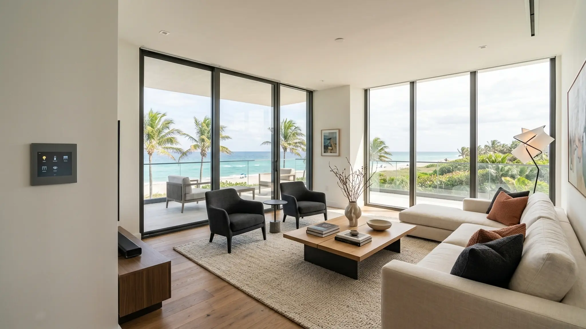 Luxury condo interior with an integrated Savant-style smart-home control interface