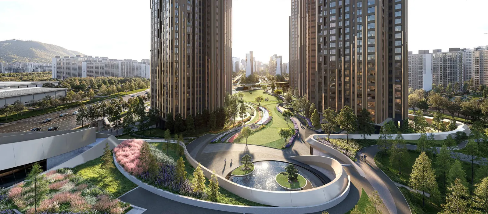 Rendering of landscaped paths and tower bases in the proposed Daechi redevelopment