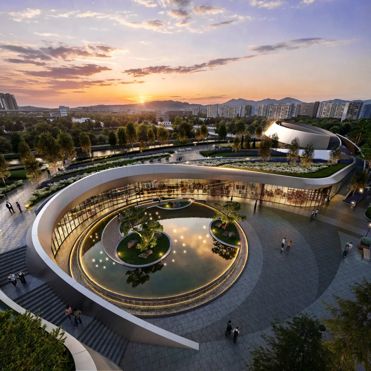 Aerial rendering of the proposed central plaza and Spiral Shell pavilion in Seoul