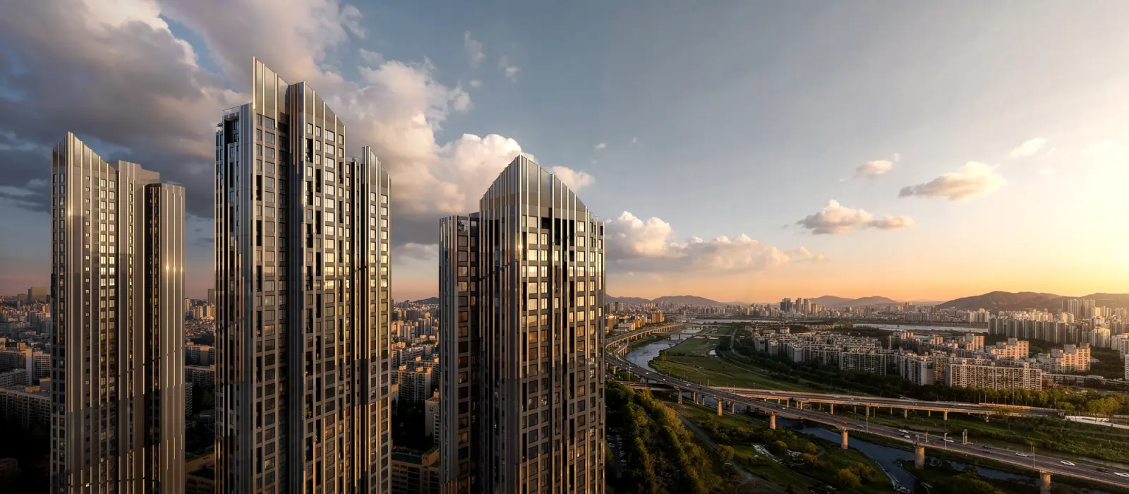Aerial rendering of six proposed residential towers in the Seoul skyline at sunset
