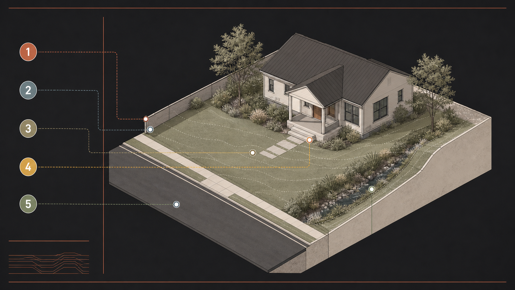 Illustrative home site diagram with five numbered callouts for visible property context.