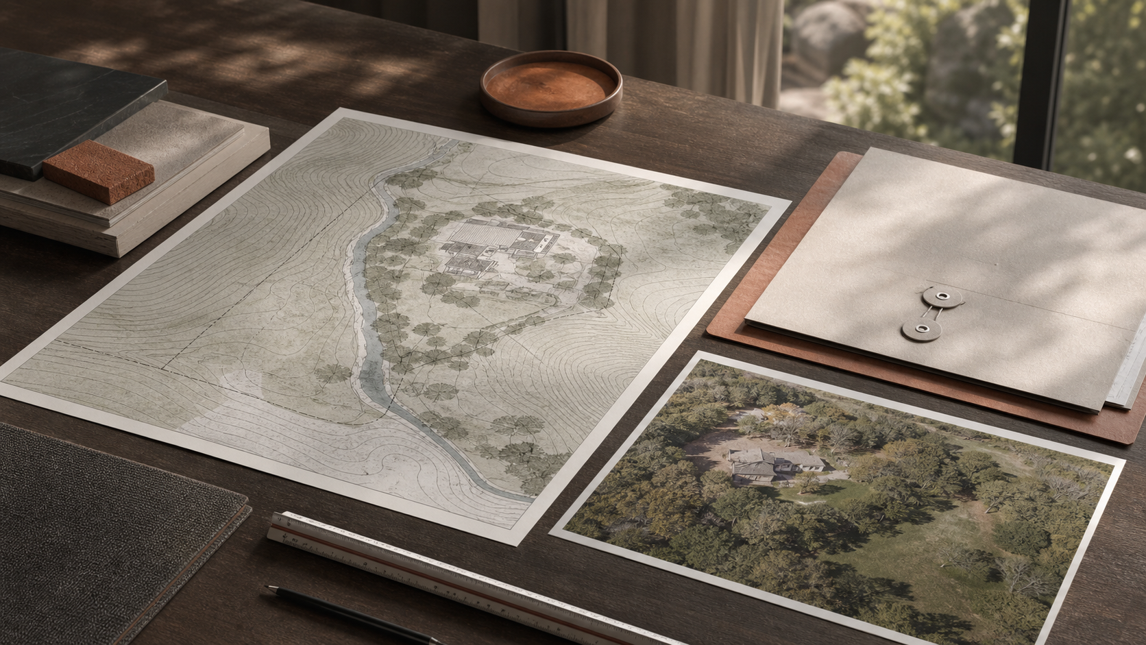 Illustrative site-records desk with a generic topographic plan and aerial property context.