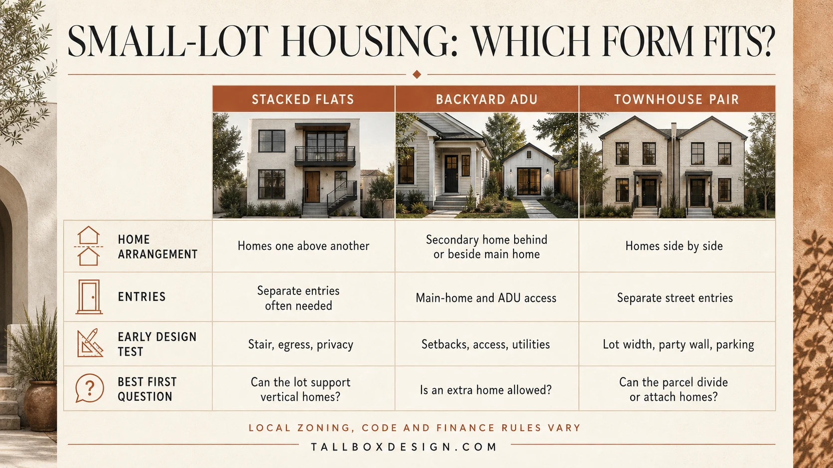 Comparison table for stacked flats, backyard ADUs and townhouse pairs