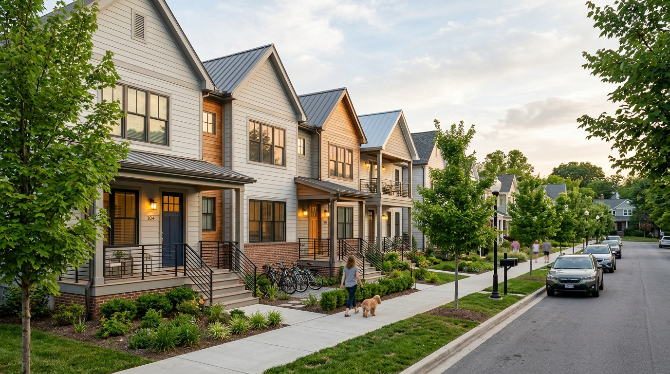 Street of small-lot townhomes and duplexes with continuous sidewalks and street trees