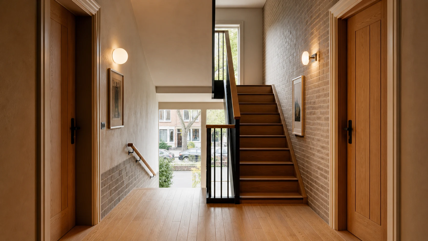 Shared stair landing with separate doors in a stacked-flats building