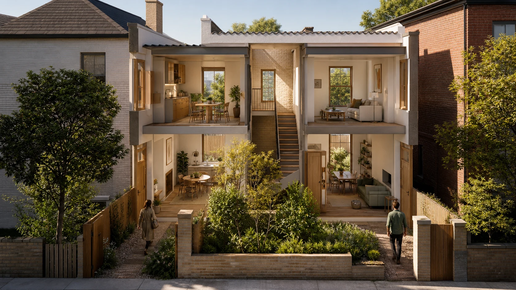 Cutaway of two stacked-flat homes with separate entries and central circulation