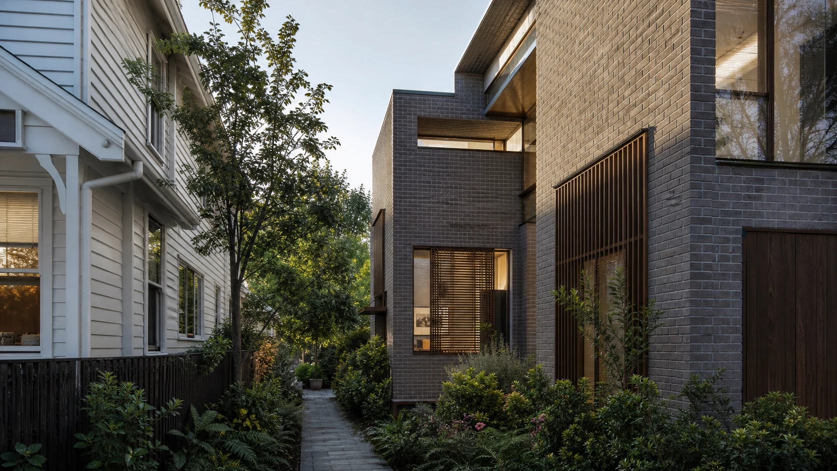 Staggered windows and privacy screens between an infill home and its neighbor