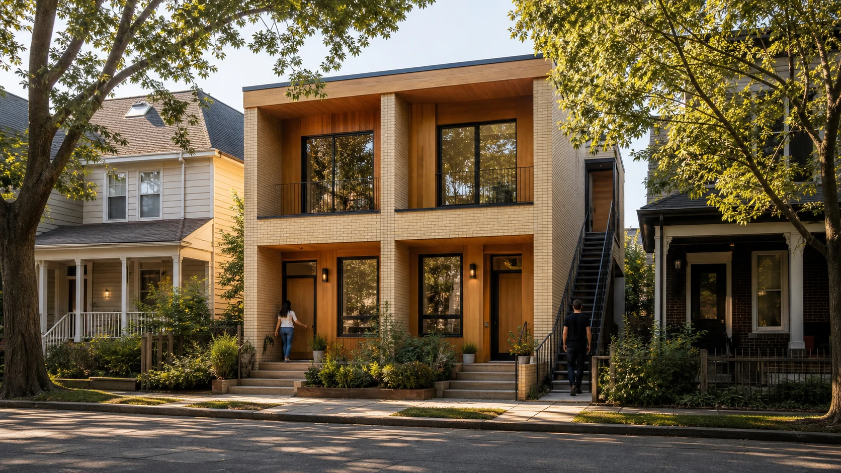 Stacked-flats infill home with separate street entries and an external stair