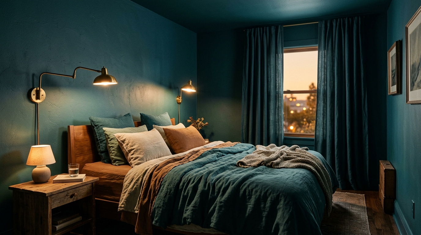 A moody bedroom color-drenched in deep teal on the walls and ceiling with warm lighting