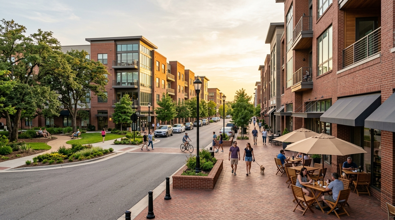 Compact walkable urban enclave street with brick mixed-use buildings and a corner cafe