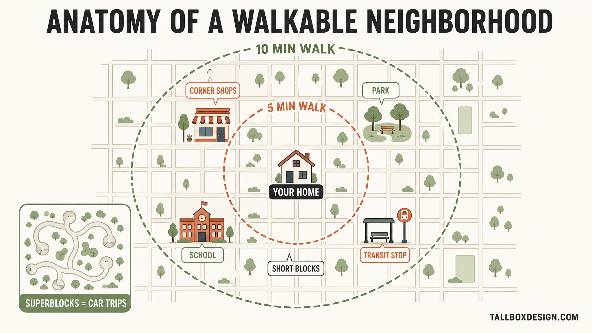 Labeled site plan diagram of a walkable neighborhood showing five and ten minute walk radii, corner retail, park, school, and transit stop
