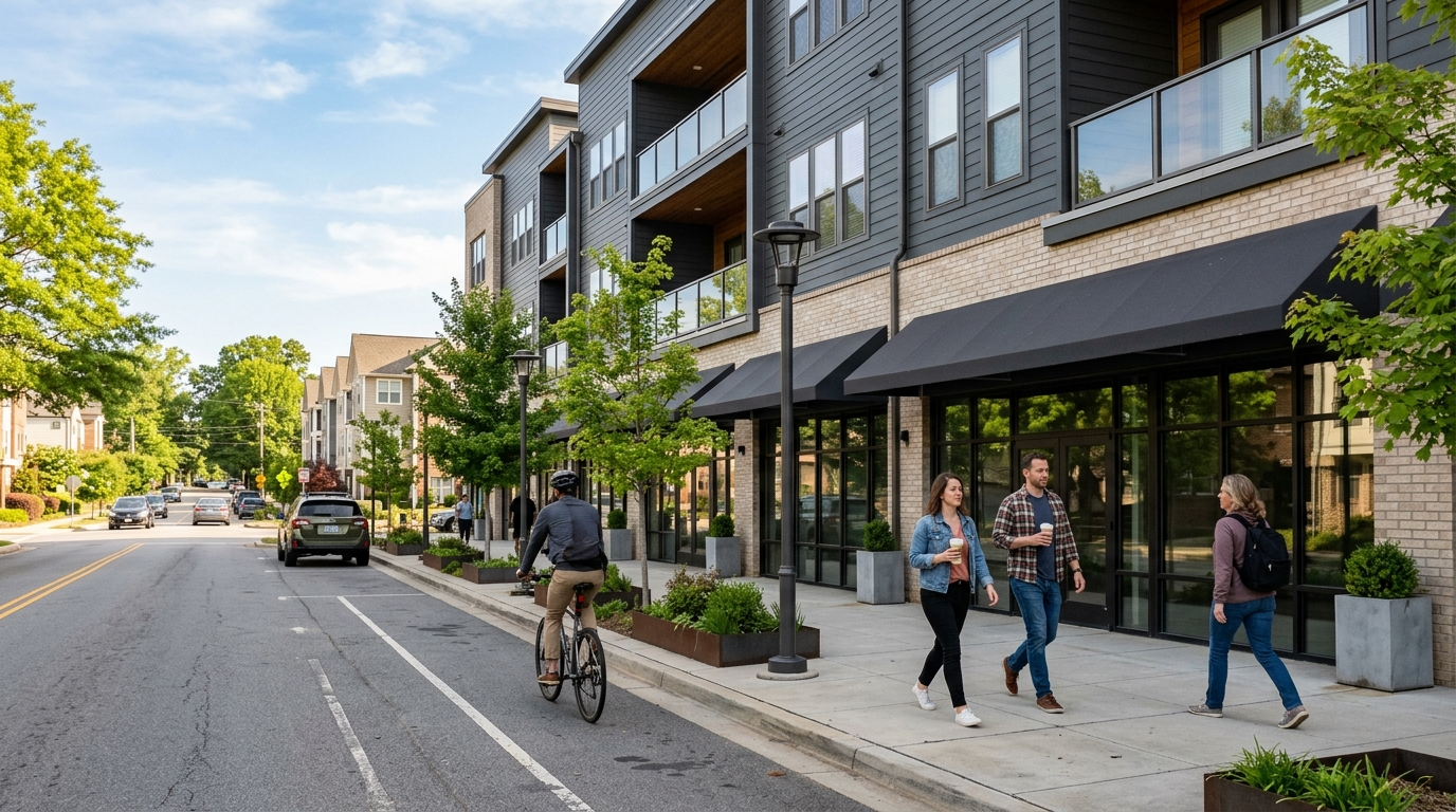 Walkable mixed-use neighborhood street with townhomes above ground-floor shops and wide sidewalks