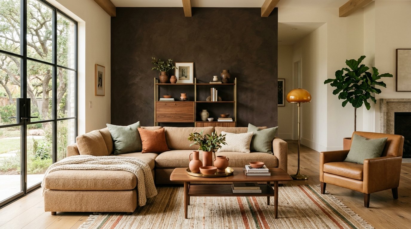 Modern living room in a warm 2026 earth-tone palette with an espresso-brown accent wall, wheat and caramel sofa, walnut and brass accents, terracotta ceramics, and sage cushions