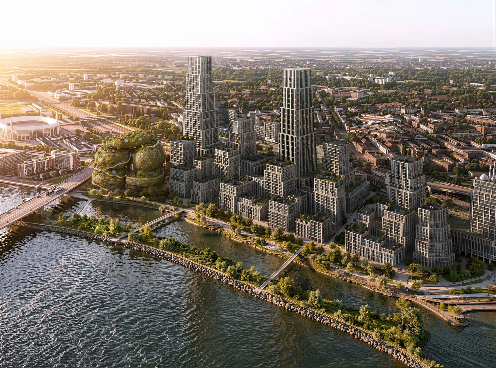 Rotterdam ROCKS aerial rendering showing the Shift Embassy beside Waterkant's planned housing district